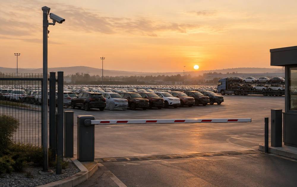 Fahrzeuglogistik-Areal mit Schranke und Kamera im Morgenlicht