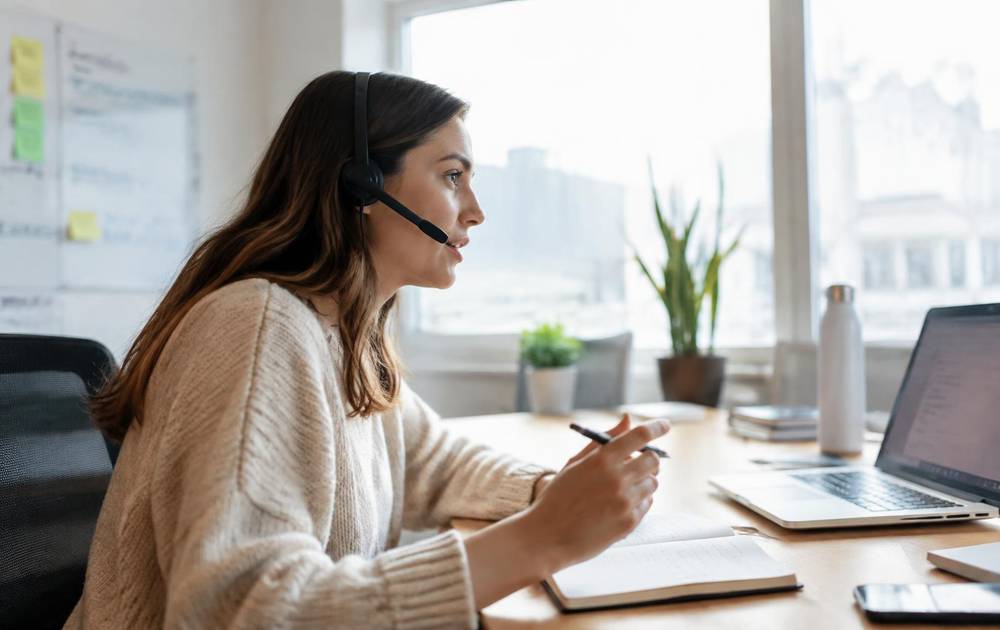 Vertriebsmitarbeiterin mit Headset im Kundengespräch