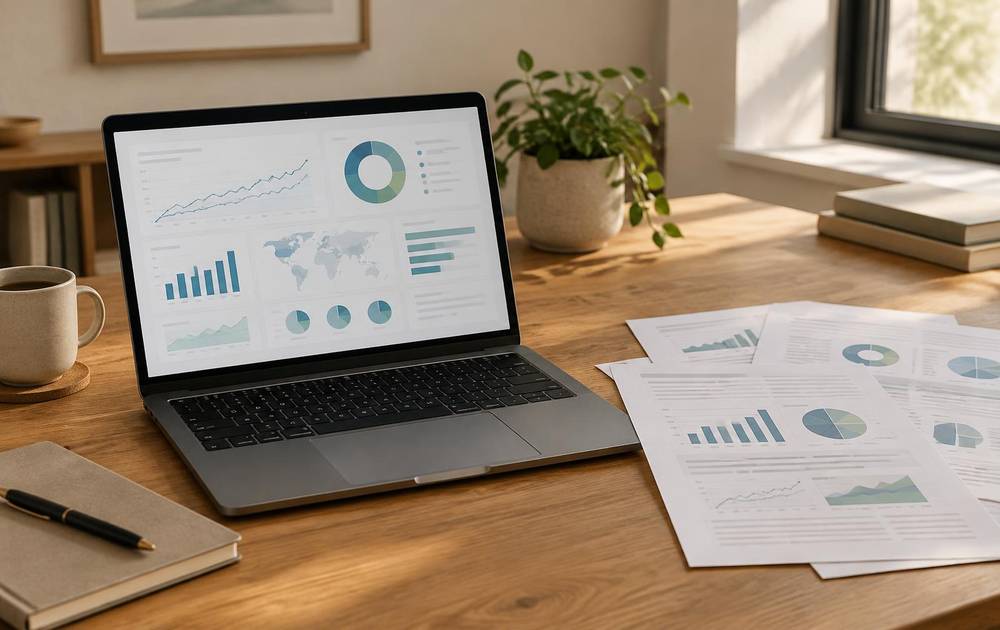 Laptop mit Analyse-Dashboard und ausgedrucktem Report auf einem Schreibtisch
